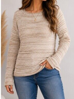 Light Beige Women's Knit Sweater - Casual Crewneck Size MED